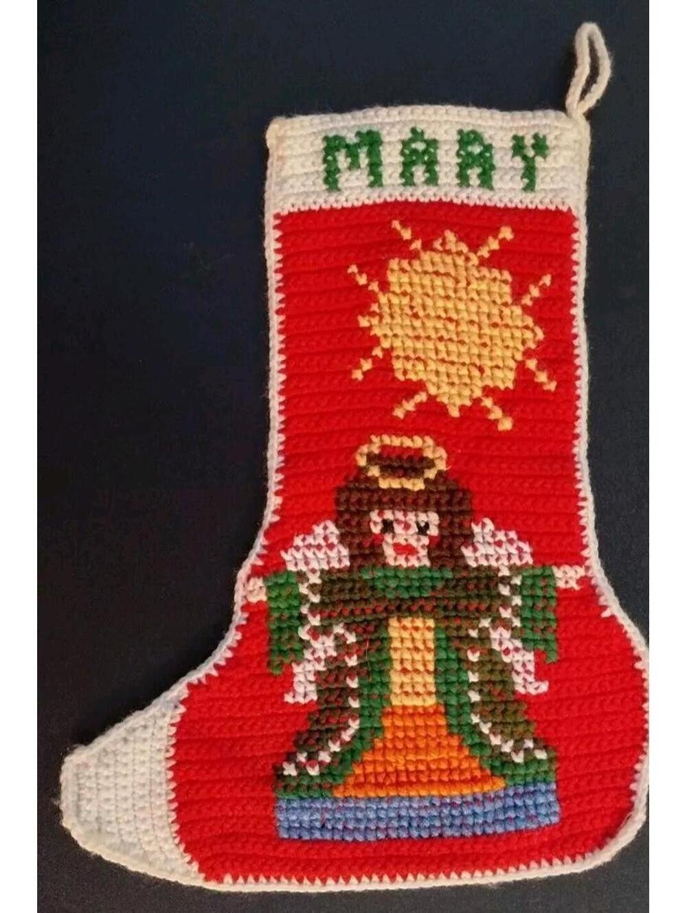 NEARING ANTIQUE NEEDLEPOINT CROCHETED ANGEL MARY CHRISTMAS STOCKING RARE OLD
